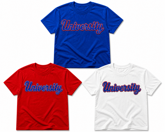 (Pre-Order) 'University Blue' Script Sequin Boxy Tee (Multiple Colors)