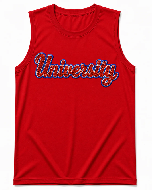 (Pre-Order) 'University Red' Script Sequin Muscle Tank (Multiple Colors)